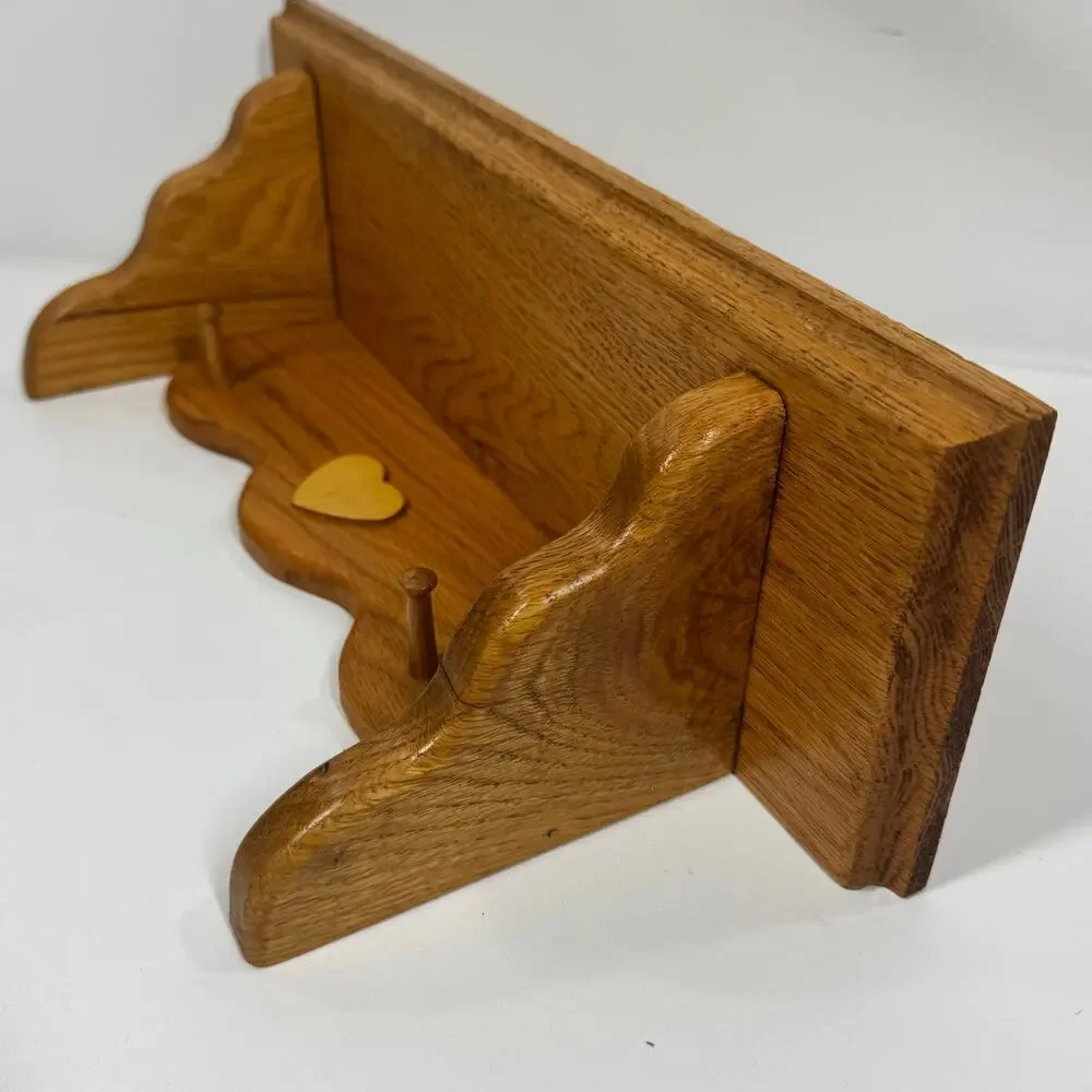 Vintage Solid Oak Wall Shelf Heart Inlay Peg Rack Country Farmhouse Plate Cutout